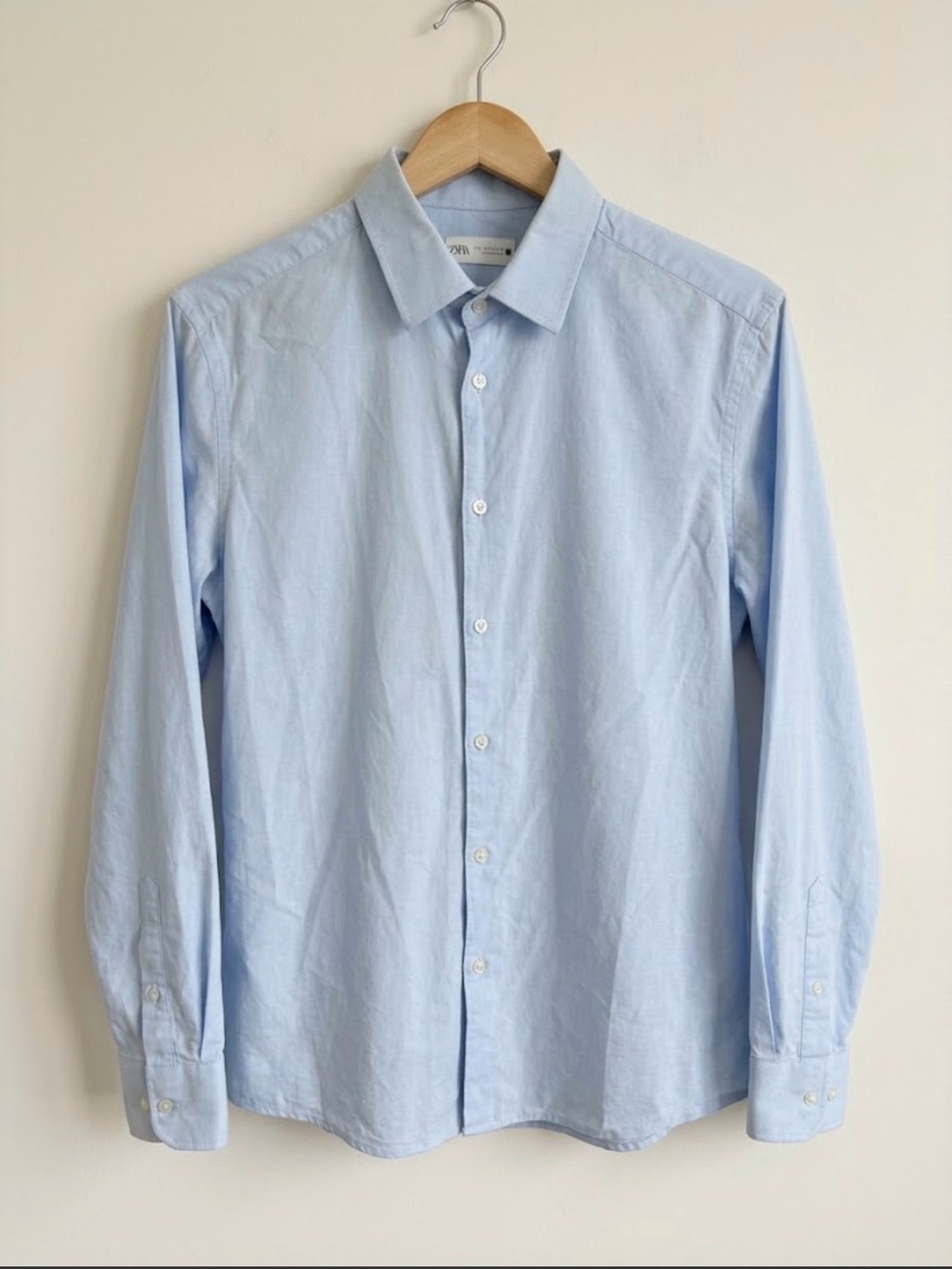 ZARA Man Light Blue Button-Down Long Sleeve Shirt size L cotton shirt